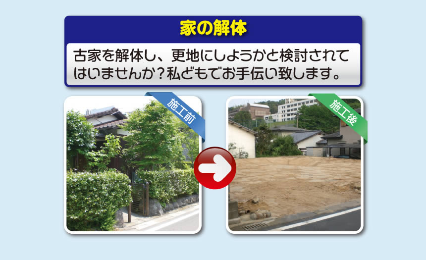 【便利屋】暮らしなんでもお助け隊 福岡荒江店では、空家の草取り、植木の伐採、不用品の片付けはもちろんの事、遺品整理、家1軒丸ごと片付けまで行っています。また家の解体もお任せください。古家を解体し、更地にしようかと検討されてはいませんか？私どもでお手伝い致します。