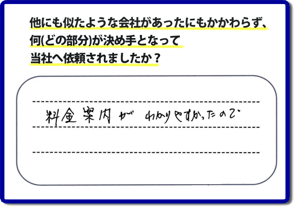 口コミ５　料金案内がわかりやすかったので。当社では、不用品片付け、お掃除、修理、などすべての作業において、お問い合せ時には費用の目安をお伝えして、現地では再度お見積り行いお客様のご承諾をいただいてから必ず作業を行っています。安心と信頼の何でも屋・便利屋なら「【便利屋】暮らしなんでもお助け隊 福岡荒江店」（福岡）へお電話ください。ホームページではたくさんのクチコミ・評判のお客様の声・笑顔を掲載しています。ぜひご参考にしてください。